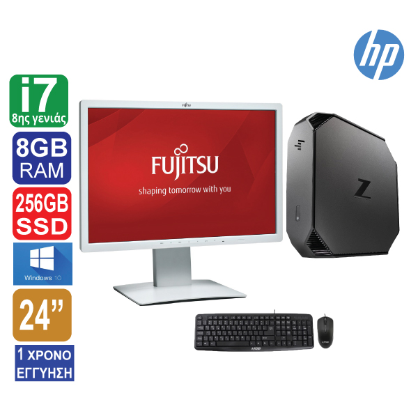 Desktop HP Z2 Mini G4, Intel Core i7 8700 (8ης γενιάς), 8GB RAM, 256GB SSD NVMe, 2 x DP, Windows 10 Pro , Οθόνη 24″  Fujitsu B24W-7, Πληκτρολόγιο, Ποντίκι